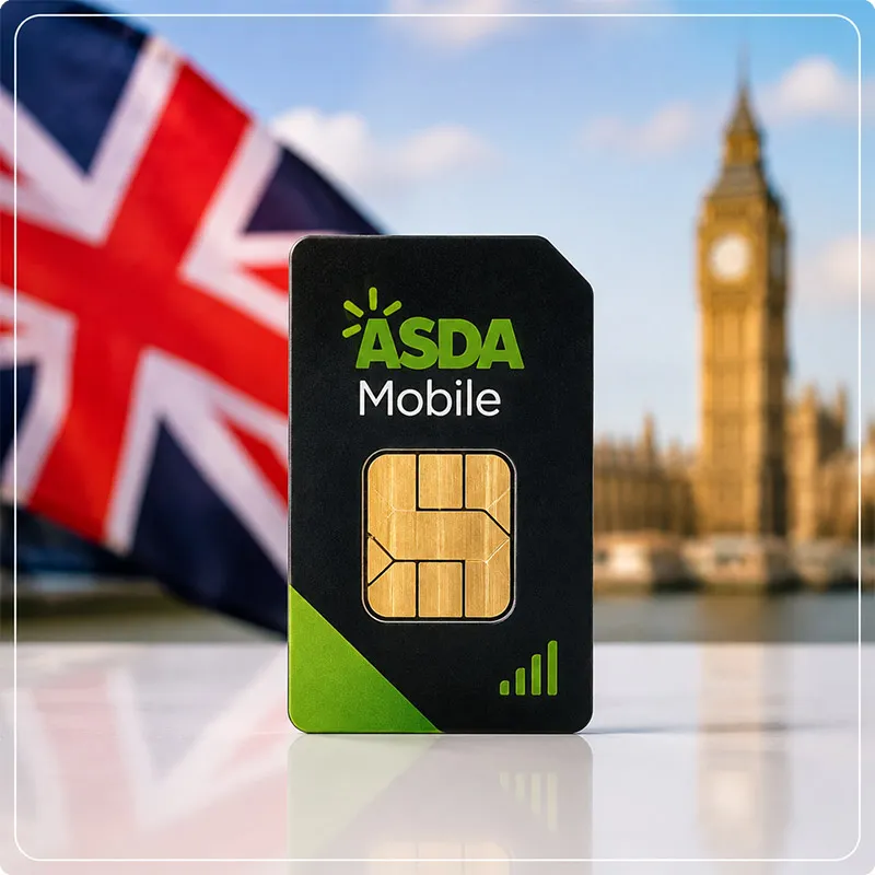 سیم‌کارت فیزیکی Asda Mobile انگلیس، با طراحی مینیمال، لوگوی سبز رنگ Asda و نمادین از پرچم بریتانیا.