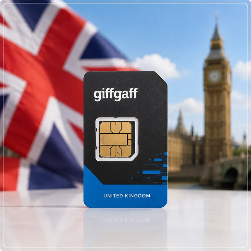سیم‌کارت فیزیکی Giffgaff انگلیس، با رنگ بنفش روشن و لوگوی Giffgaff، طراحی مدرن و مینیمال.