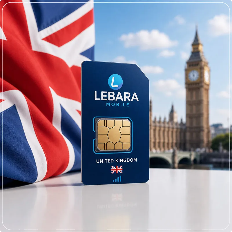 سیم‌کارت فیزیکی Lebara انگلیس، با رنگ آبی، لوگوی Lebara، چیپ طلایی، و نمادهایی از بریتانیا.