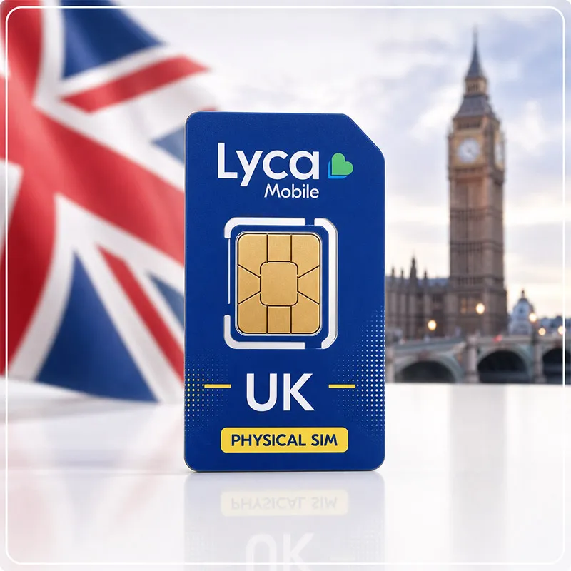 سیم‌کارت فیزیکی Lyca Mobile انگلیس، با طراحی آبی و جزئیات زرد، لوگوی Lyca Mobile و نمایی از پرچم بریتانیا و Big Ben.