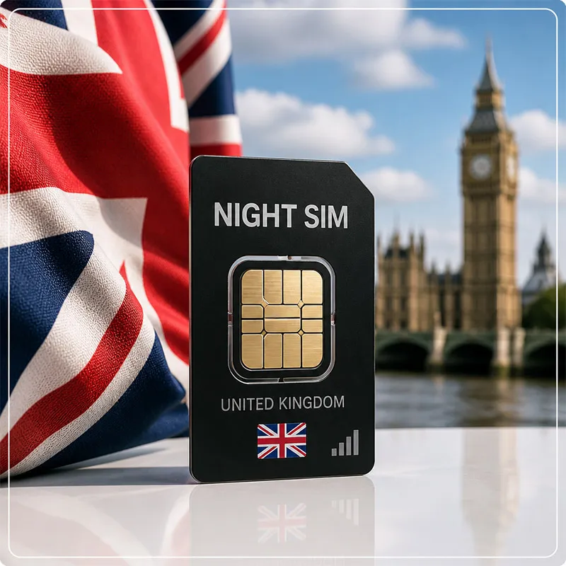سیم‌کارت فیزیکی بریتانیا برند نایت سیم (Night SIM) برای احراز هویت جهانی، وریفای حساب‌ها و دریافت کدهای تأیید.