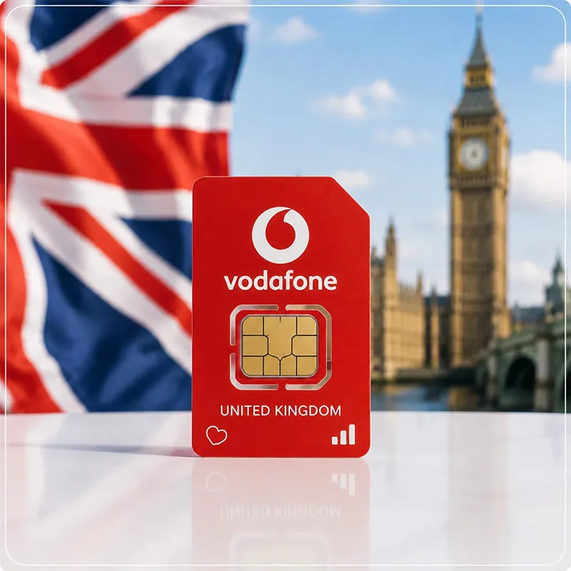 سیم‌کارت فیزیکی Vodafone انگلیس، با رنگ قرمز نمادین، لوگوی سفید Vodafone و طراحی مدرن.